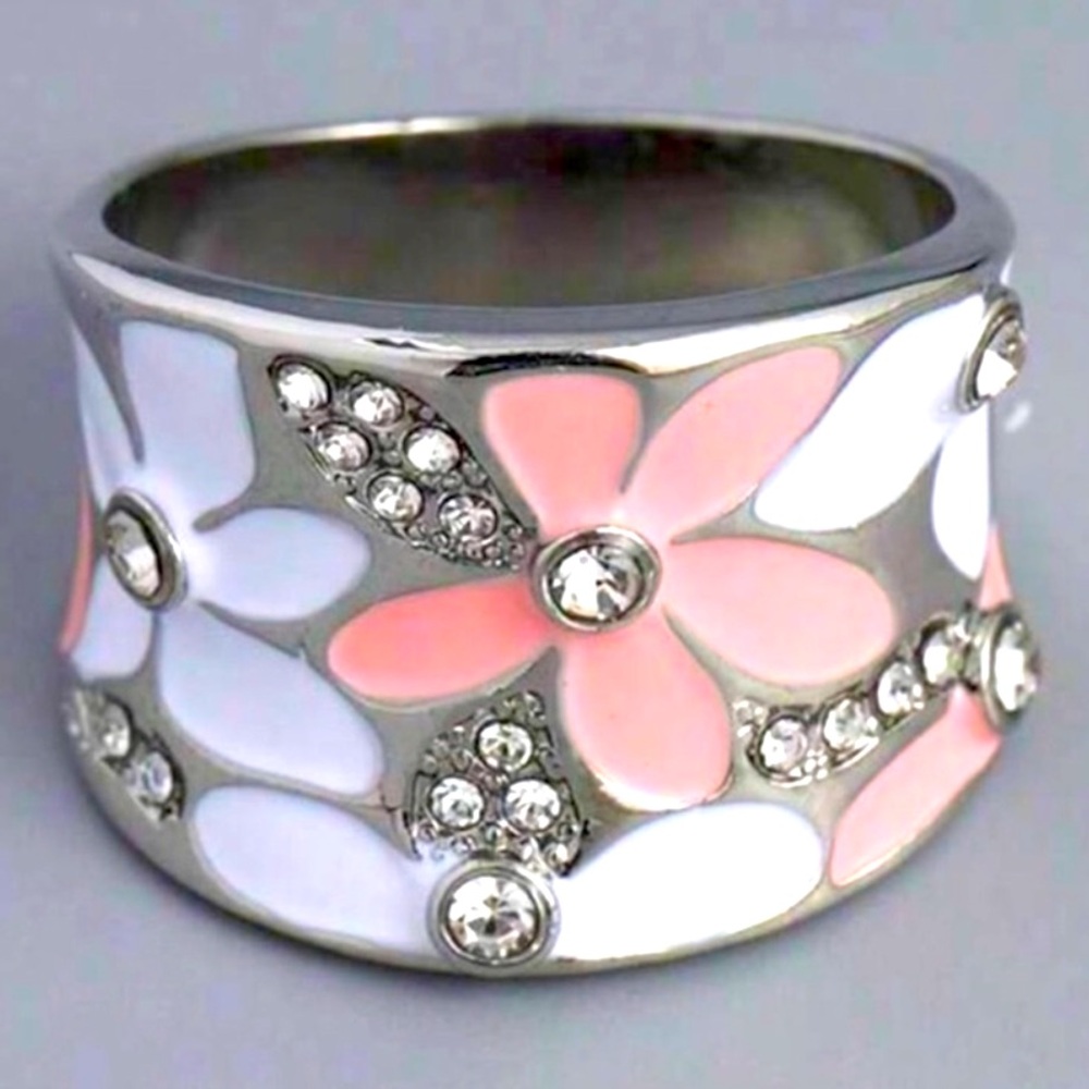 Silver Ring with Enamel Inlay Floral Print
